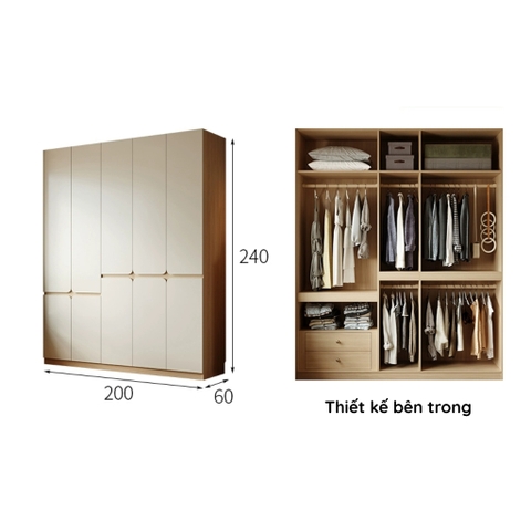 Tủ áo cánh mở thiết kế hiện đại có ngăn kéo Yapi-236 - nhiều kích thước
