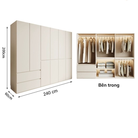 Tủ Quần Áo Gỗ Nguyên Khối Đơn Giản Nội Thất Phòng Ngủ kích thước 240x60x260cm Yapi-237