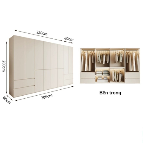 Tủ Quần Áo Gỗ Nguyên Khối Đơn Giản Nội Thất Phòng Ngủ kích thước 240x60x260cm Yapi-237
