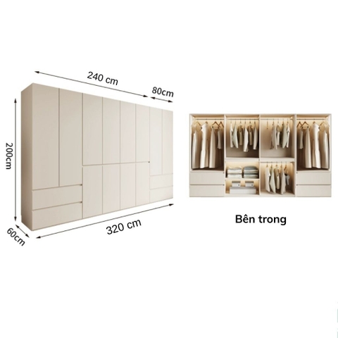 Tủ Quần Áo Gỗ Nguyên Khối Đơn Giản Nội Thất Phòng Ngủ kích thước 240x60x260cm Yapi-237