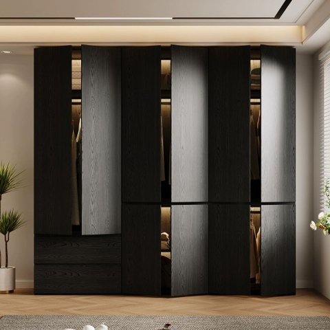 Tủ Quần Áo Gỗ Công Nghiệp Màu Đen Hiện Đại Có Ngăn Kéo Nội Thất Phòng Ngủ Kích thước 240x60x240 Yapi-239