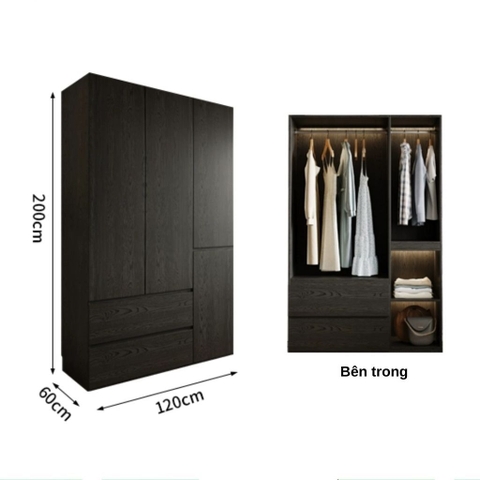 Tủ Quần Áo Gỗ Công Nghiệp Màu Đen Hiện Đại Có Ngăn Kéo Nội Thất Phòng Ngủ Kích thước 240x60x240 Yapi-239