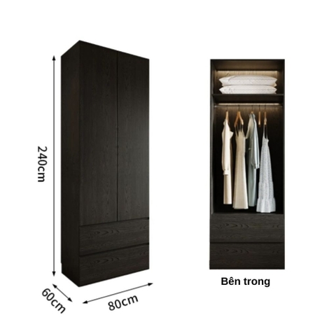 Tủ Quần Áo Gỗ Công Nghiệp Màu Đen Hiện Đại Có Ngăn Kéo Nội Thất Phòng Ngủ Kích thước 240x60x240 Yapi-239