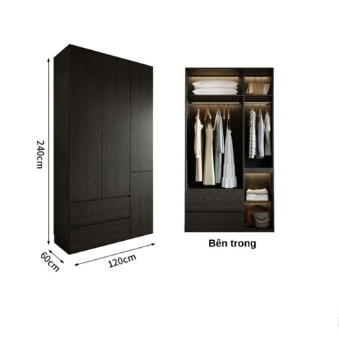 Tủ Quần Áo Gỗ Công Nghiệp Màu Đen Hiện Đại Có Ngăn Kéo Nội Thất Phòng Ngủ Kích thước 240x60x240 Yapi-239