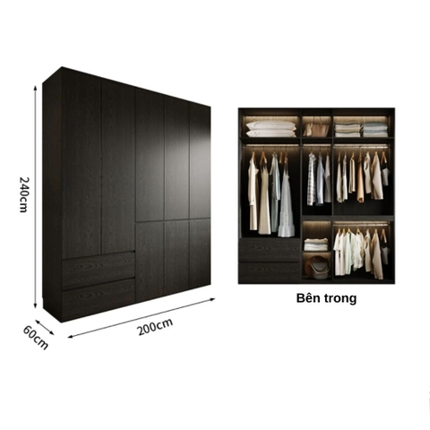 Tủ Quần Áo Gỗ Công Nghiệp Màu Đen Hiện Đại Có Ngăn Kéo Nội Thất Phòng Ngủ Kích thước 240x60x240 Yapi-239