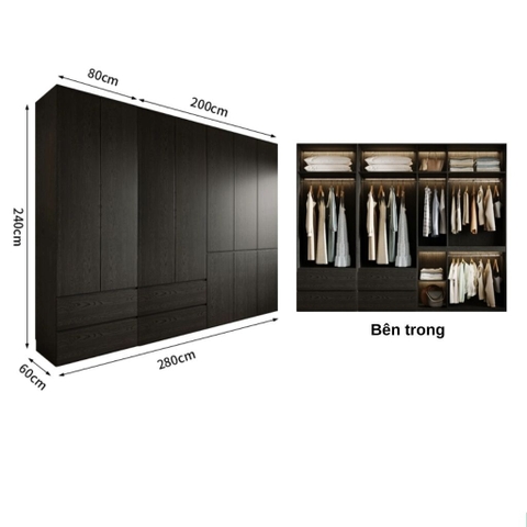 Tủ Quần Áo Gỗ Công Nghiệp Màu Đen Hiện Đại Có Ngăn Kéo Nội Thất Phòng Ngủ Kích thước 240x60x240 Yapi-239