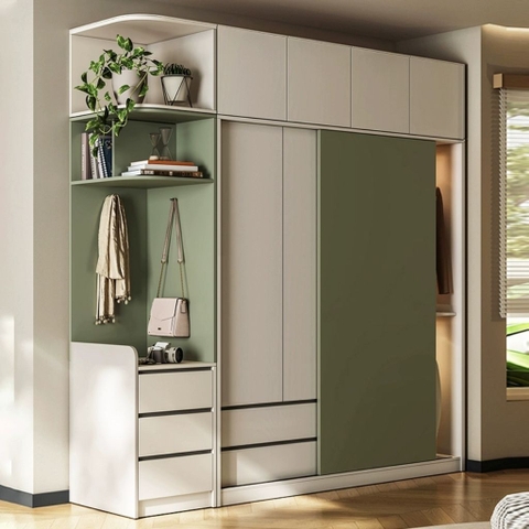 Tủ Quần Áo Cửa Trượt Kèm Kệ Và Ngăn Kéo, Màu Trắng phối Xanh Lá, 260x60x200cm Yapi-241