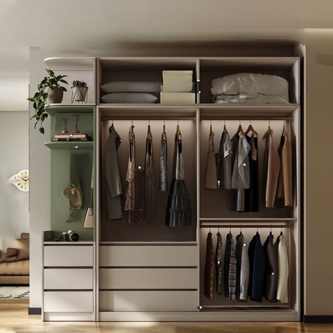 Tủ Quần Áo Cửa Trượt Kèm Kệ Và Ngăn Kéo, Màu Trắng phối Xanh Lá, 260x60x200cm Yapi-241