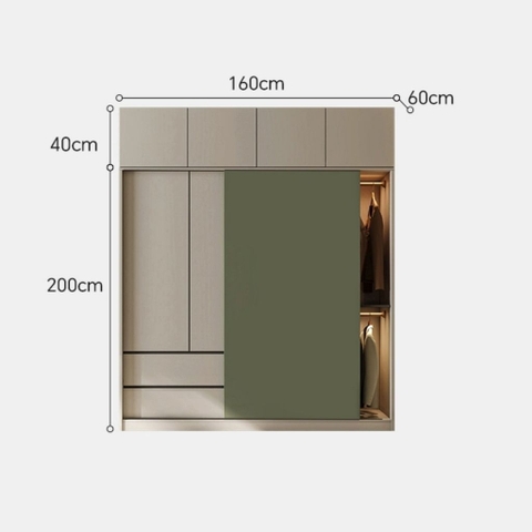 Tủ Quần Áo Cửa Trượt Kèm Kệ Và Ngăn Kéo, Màu Trắng phối Xanh Lá, 260x60x200cm Yapi-241