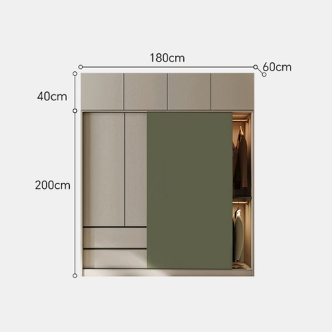 Tủ Quần Áo Cửa Trượt Kèm Kệ Và Ngăn Kéo, Màu Trắng phối Xanh Lá, 260x60x200cm Yapi-241