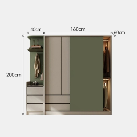 Tủ Quần Áo Cửa Trượt Kèm Kệ Và Ngăn Kéo, Màu Trắng phối Xanh Lá, 260x60x200cm Yapi-241