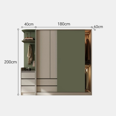Tủ Quần Áo Cửa Trượt Kèm Kệ Và Ngăn Kéo, Màu Trắng phối Xanh Lá, 260x60x200cm Yapi-241