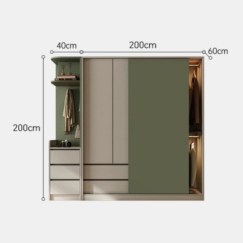 Tủ Quần Áo Cửa Trượt Kèm Kệ Và Ngăn Kéo, Màu Trắng phối Xanh Lá, 260x60x200cm Yapi-241