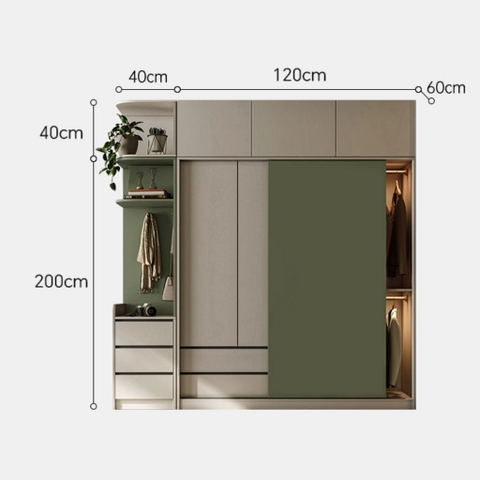 Tủ Quần Áo Cửa Trượt Kèm Kệ Và Ngăn Kéo, Màu Trắng phối Xanh Lá, 260x60x200cm Yapi-241