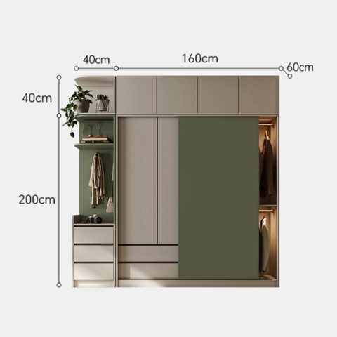Tủ Quần Áo Cửa Trượt Kèm Kệ Và Ngăn Kéo, Màu Trắng phối Xanh Lá, 260x60x200cm Yapi-241