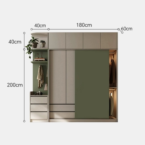 Tủ Quần Áo Cửa Trượt Kèm Kệ Và Ngăn Kéo, Màu Trắng phối Xanh Lá, 260x60x200cm Yapi-241