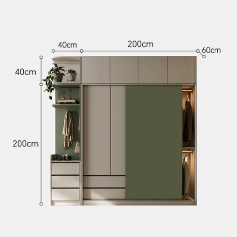 Tủ Quần Áo Cửa Trượt Kèm Kệ Và Ngăn Kéo, Màu Trắng phối Xanh Lá, 260x60x200cm Yapi-241