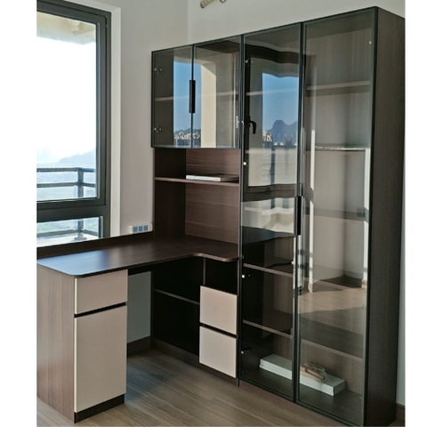Bàn Làm Việc Góc Kèm Kệ Sách Và Tủ Kính Cường Lực Đa Năng 180x160x200cm Yapi-425