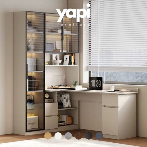 Bàn Làm Việc Góc Kèm Kệ Sách Và Tủ Kính Cường Lực Đa Năng 180x160x200cm Yapi-425