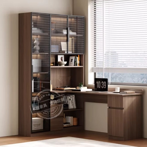 Bàn Làm Việc Góc Kèm Kệ Sách Và Tủ Kính Cường Lực Đa Năng 180x160x200cm Yapi-425