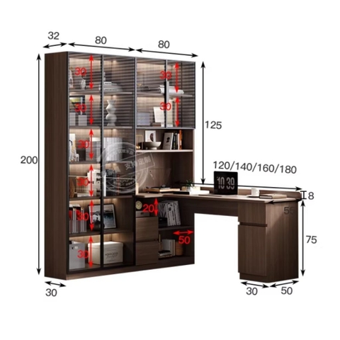 Bàn Làm Việc Góc Kèm Kệ Sách Và Tủ Kính Cường Lực Đa Năng 180x160x200cm Yapi-425