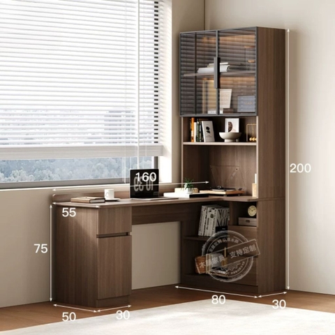 Bàn Làm Việc Góc Kèm Kệ Sách Và Tủ Kính Cường Lực Đa Năng 180x160x200cm Yapi-425