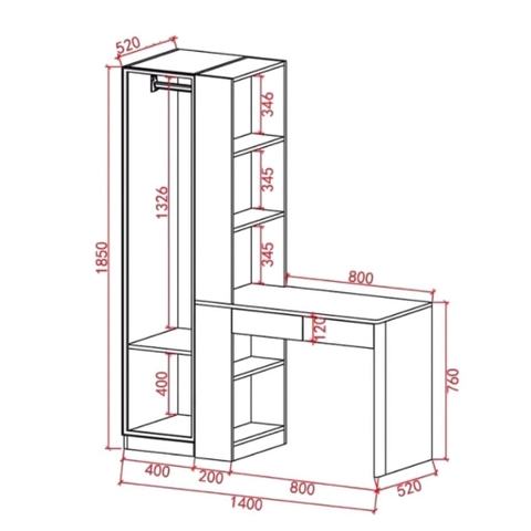 Tủ Quần Áo Cánh Kính Sóng  Kết Hợp Bàn Làm Việc Hiện Đại 200x52x185cm Yapi-259