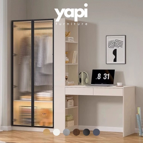 Tủ Quần Áo Cánh Kính Sóng  Kết Hợp Bàn Làm Việc Hiện Đại 200x52x185cm Yapi-259