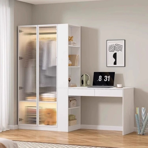 Tủ Quần Áo Cánh Kính Sóng  Kết Hợp Bàn Làm Việc Hiện Đại 200x52x185cm Yapi-259