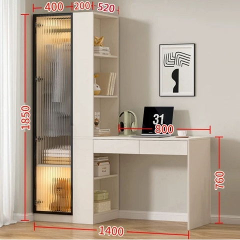 Tủ Quần Áo Cánh Kính Sóng  Kết Hợp Bàn Làm Việc Hiện Đại 200x52x185cm Yapi-259