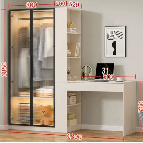 Tủ Quần Áo Cánh Kính Sóng  Kết Hợp Bàn Làm Việc Hiện Đại 200x52x185cm Yapi-259