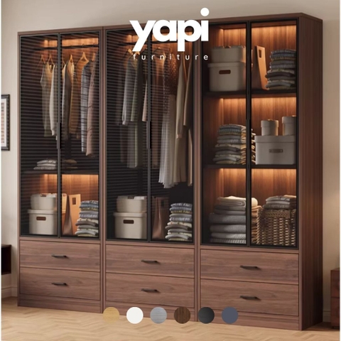 Tủ Quần Áo Cánh Kính Có Đèn LED Kèm Ngăn Kéo Cổ Điển 80x50x200 Yapi-262