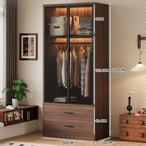 Tủ Quần Áo Cánh Kính Có Đèn LED Kèm Ngăn Kéo Cổ Điển 80x50x200 Yapi-262