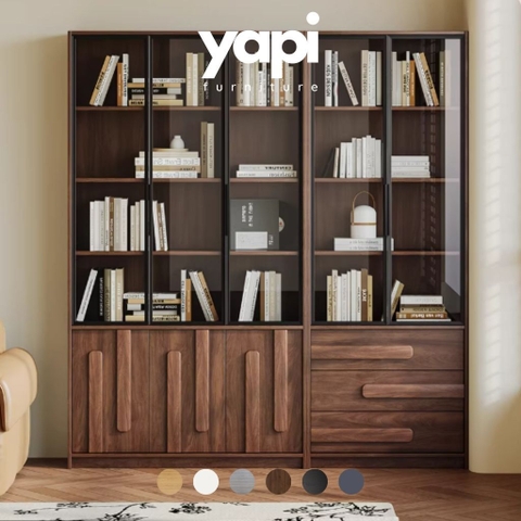 Kệ Sách Vân Gỗ Nổi Kết Hợp Cánh Kính Cường Lực Hiện Đại 280x35x220cm Yapi-TK016