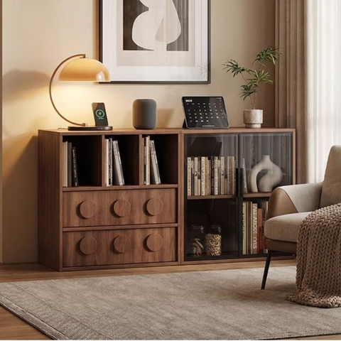 Kệ Sách Thấp Gỗ MDF Cánh Kính Kèm Ngăn Kéo Cho Phòng Khách 160x40x76cm Yapi-669