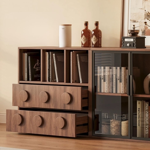 Kệ Sách Thấp Gỗ MDF Cánh Kính Kèm Ngăn Kéo Cho Phòng Khách 160x40x76cm Yapi-669