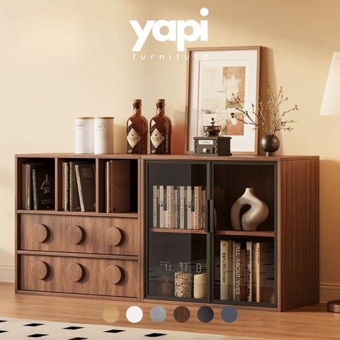 Kệ Sách Thấp Gỗ MDF Cánh Kính Kèm Ngăn Kéo Cho Phòng Khách 160x40x76cm Yapi-669
