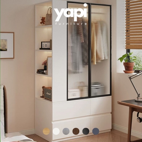 Tủ Quần Áo Cánh Kính Sóng Hiện Đại Tích Hợp Kệ Sách Và Ngăn Kéo 100x50x200cm Yapi-264