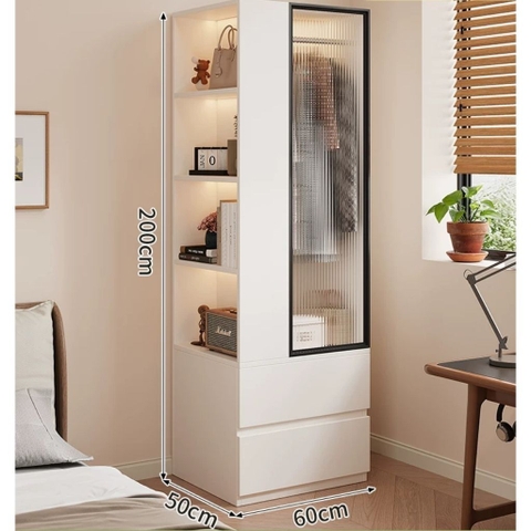 Tủ Quần Áo Cánh Kính Sóng Hiện Đại Tích Hợp Kệ Sách Và Ngăn Kéo 100x50x200cm Yapi-264