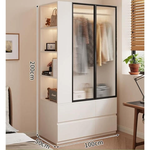 Tủ Quần Áo Cánh Kính Sóng Hiện Đại Tích Hợp Kệ Sách Và Ngăn Kéo 100x50x200cm Yapi-264