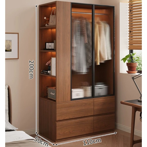 Tủ Quần Áo Cánh Kính Sóng Hiện Đại Tích Hợp Kệ Sách Và Ngăn Kéo 100x50x200cm Yapi-264