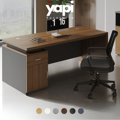 Bàn Làm Việc Lãnh Đạo Văn Phòng, Kèm Tủ Phụ Ngăn Kéo Màu Nâu Phối Đen 180x80x75cm Yapi-BLD009