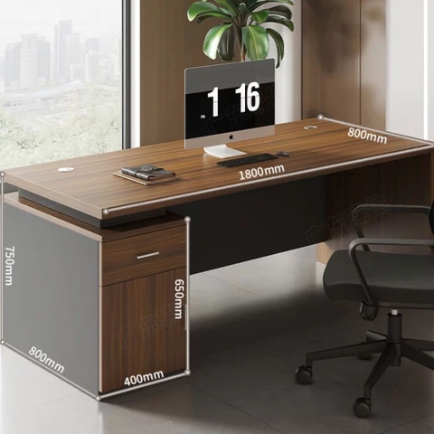 Bàn Làm Việc Lãnh Đạo Văn Phòng, Kèm Tủ Phụ Ngăn Kéo Màu Nâu Phối Đen 180x80x75cm Yapi-BLD009