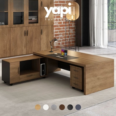 Bàn Làm Việc Lãnh Đạo Kèm Tủ Phụ Di Động Màu Nâu Phối Xám 200x120x75cm Yapi-BLD012