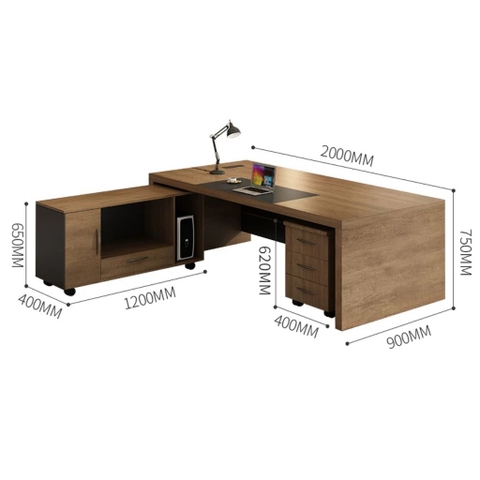 Bàn Làm Việc Lãnh Đạo Kèm Tủ Phụ Di Động Màu Nâu Phối Xám 200x120x75cm Yapi-BLD012