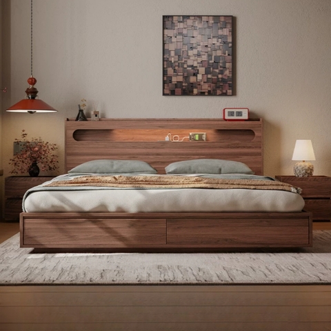 Giường Ngủ 2 Ngăn Kéo Cuối Giường, Đầu Giường Có Hộc Lưu Trữ Kèm Đèn LED 1m8x2m Yapi-550