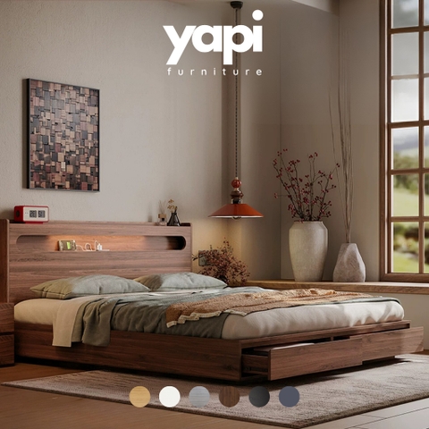 Giường Ngủ 2 Ngăn Kéo Cuối Giường, Đầu Giường Có Hộc Lưu Trữ Kèm Đèn LED 1m8x2m Yapi-550