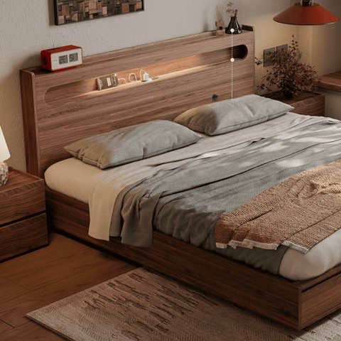 Giường Ngủ 2 Ngăn Kéo Cuối Giường, Đầu Giường Có Hộc Lưu Trữ Kèm Đèn LED 1m8x2m Yapi-550