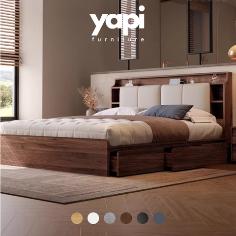 Giường Ngủ Bọc Nệm Đầu Giường Tích Hợp 3 Ngăn Kéo và Khoang Chứa Đồ 2mx2m2 Yapi-552