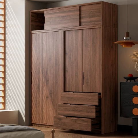 Tủ Quần Áo Cánh Lùa Gỗ MDF Tích Hợp Kệ Trang Trí Và Tủ Phụ 200x60x250 Yapi-265